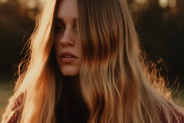 Poster - Portrait of a young Caucasian woman with long hair, showcasing natural beauty and style. Her