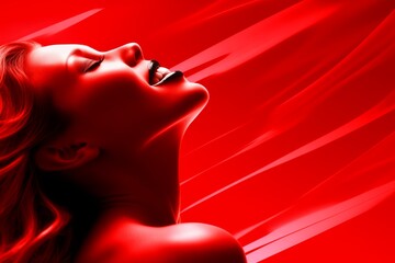 Wall Mural - Sensual portrait of a young woman in red, exuding beauty and glamour. With luscious lips and