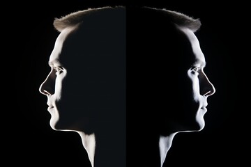 Poster - Split personality duality, individual psychology mental concept. Head face human portrait silhouette