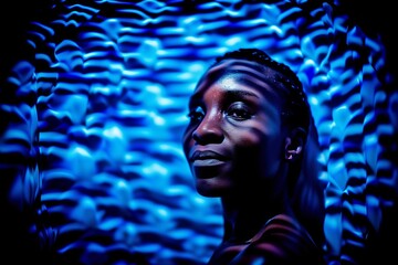 Poster - Vivid beauty portrait of a young black woman. Blue surreal atmosphere