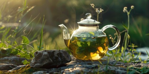 Glass teapot filled with green tea on a rock, suitable for wellness and relaxation concepts