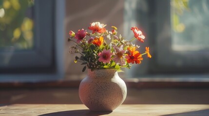Poster - A vase of flowers on a table by a window, suitable for home decor