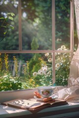 Aufkleber - A cozy scene with a cup of tea and a book, perfect for home decor or relaxation concept