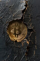 Aufkleber - A single bitcoin sitting on a cracked surface, suitable for finance and cryptocurrency concepts