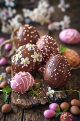 Poster - Delicious chocolate Easter eggs on a rustic wooden table, perfect for holiday designs