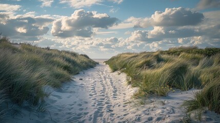 Poster - A sandy path leading to the ocean on a cloudy day. Suitable for travel and nature concepts