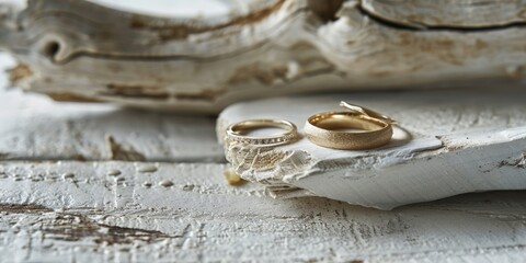 Wall Mural - Wedding rings placed on a wooden surface, suitable for wedding and love concepts