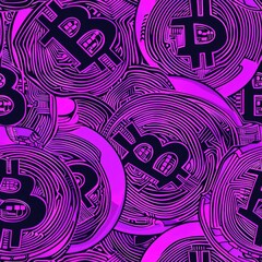 Aufkleber - A bunch of purple bitcoins on a dark black background. Ideal for cryptocurrency and finance concepts