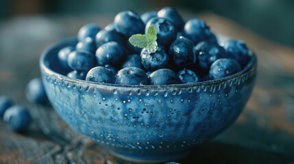 Poster - Fresh blueberries in a blue bowl on a rustic wooden table. Ideal for food and healthy lifestyle concepts