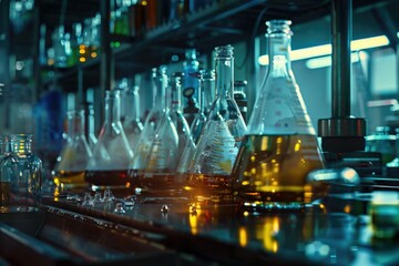 Aufkleber - Glass flasks lined up on a counter, suitable for laboratory or scientific concepts