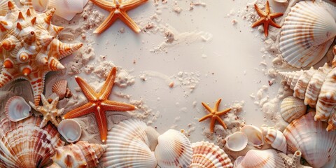 Poster - Shells and starfishes scattered on sandy beach, perfect for beach-themed designs