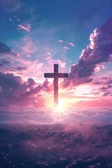 Poster - Cross silhouette against dramatic cloudy sky, suitable for religious themes or spiritual concepts