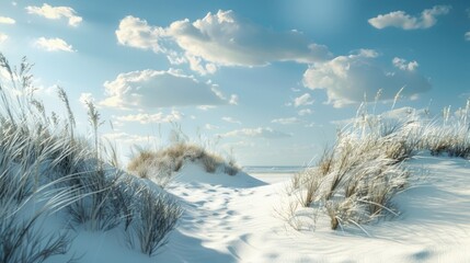 Canvas Print - A sandy beach covered in snow, perfect for winter-themed designs