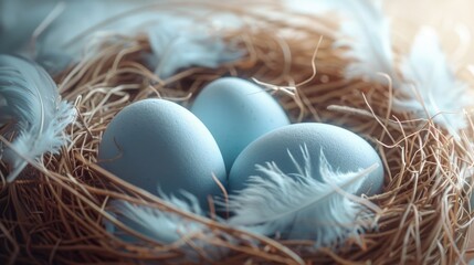 Poster - Three blue eggs in a nest with feathers. Suitable for nature and Easter themes