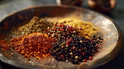 Poster - Metal bowl filled with assortment of spices. Suitable for cooking and culinary concepts