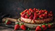 Delicious strawberry cake on a rustic wooden board. Perfect for bakery or dessert concepts