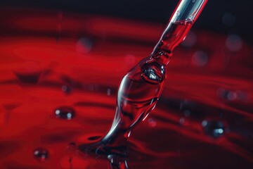 Poster - A close up of a liquid drop with a red background. Ideal for science or nature concepts