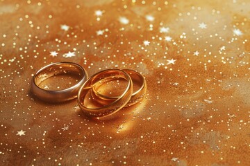 Wall Mural - Two gold wedding rings displayed on a shiny surface. Perfect for wedding and jewelry concepts