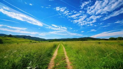 Poster - A peaceful scene of a grassy field with a dirt road, perfect for nature and outdoor themes