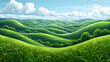 A drawing Field of lush grass on gentle slopes. Pasturage, grassland, pommel, lea, alkali, lye, and meadow. Grassy grassland in a rural landscape view. illustration.