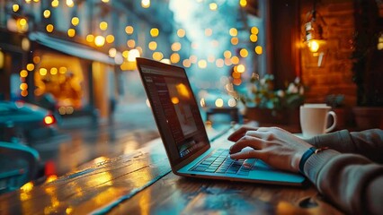 Poster - Closeup of businesswoman hands typing on laptop keyboard in office at blur bokeh background