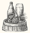 Bottle and mug of beer on wooden keg. Pub, brewery sketch. Hand drawn vintage vector illustration