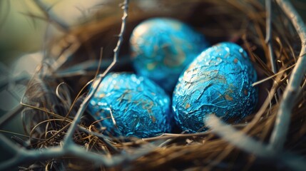 Poster - Three blue chocolate eggs in a nest on a table. Suitable for Easter or spring themed designs