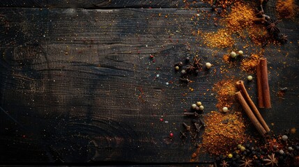 Aufkleber - A variety of spices neatly arranged on a wooden table. Perfect for cooking websites or food blogs