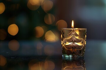 Aufkleber - A glowing candle on a wooden table. Suitable for home decor or relaxation concepts