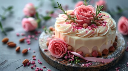 Sticker -   A tight shot of a cake adorned with frosting and flowers atop a wooden platter, surrounded by pink blooms