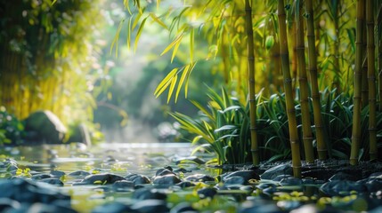 Poster - Serene stream flowing through vibrant forest. Ideal for nature-themed designs