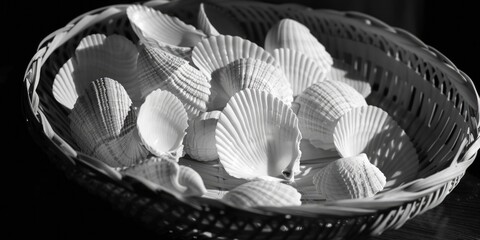 Poster - A basket full of shells on a table, perfect for beach-themed designs
