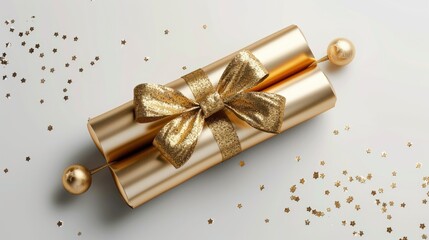 Poster - A gold gift wrapped in gold paper with a bow. Perfect for holiday and celebration concepts