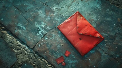 Aufkleber - A red envelope sitting on a dirty floor. Suitable for various concepts