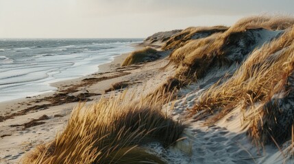 Poster - A scenic view of a beach with sand dunes and grass. Perfect for travel and nature concepts