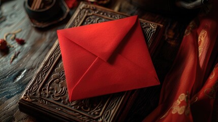 Aufkleber - A red envelope placed on a wooden table, suitable for various occasions