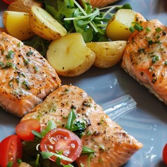 Poster - A white plate with delicious salmon and fresh vegetables. Perfect for healthy eating concepts
