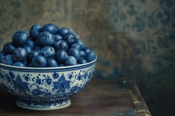 Poster - A blue and white bowl of plums on a table, perfect for food and kitchen-related projects