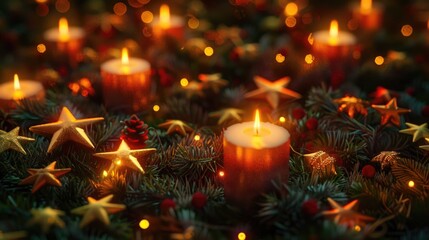 Poster - Lit candle surrounded by festive Christmas decorations. Perfect for holiday season designs