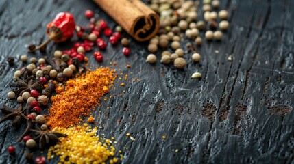 Aufkleber - A collection of different spices on a wooden table. Perfect for food blogs or recipe websites