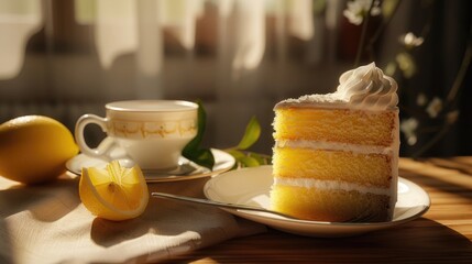 Poster - A slice of cake on a plate next to a cup of coffee. Ideal for food and beverage concepts