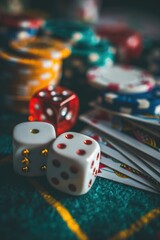 Poster - A table covered in dice and playing cards. Ideal for gambling or game night concepts