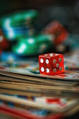 Poster - A red dice sitting on top of a pile of cards. Great for game night concepts