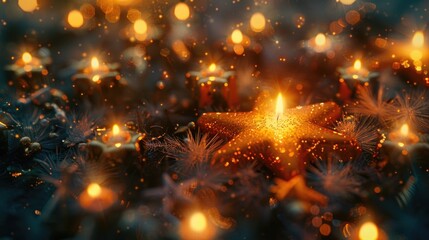Poster - Festive star shaped candle surrounded by Christmas lights. Perfect for holiday decorations