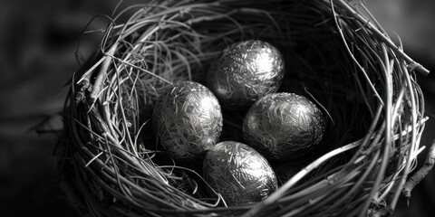Aufkleber - A black and white photo of three eggs in a nest. Suitable for various design projects