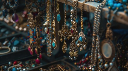 Poster - A collection of necklaces displayed on a rack, ideal for jewelry store promotions