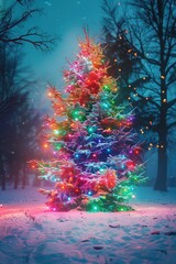 Poster - A brightly lit Christmas tree surrounded by snow. Perfect for holiday concepts.