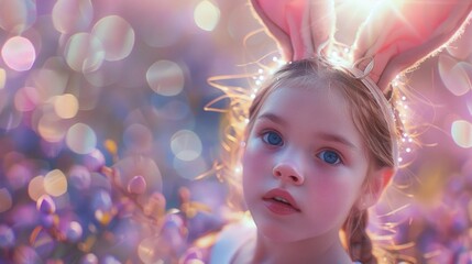 Poster - A little girl wearing bunny ears in a beautiful field of flowers. Ideal for Easter or spring-themed designs