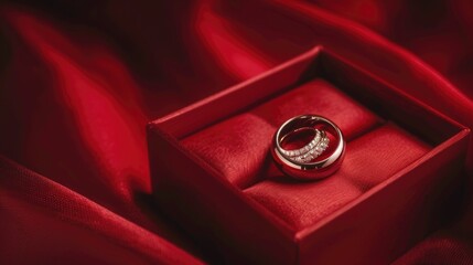 Sticker - A wedding ring displayed in a red box on a red cloth. Perfect for wedding and love concepts