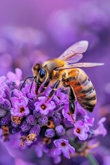 Poster - A bee resting on vibrant purple flowers. Suitable for nature and garden concepts